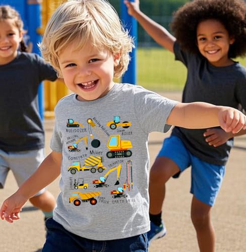 Construction Shirt for Toddler Boys Kids Dinosaurs T-Shirt Short Sleeve Car Tractor Truck Excavator Clothes 2-7T4