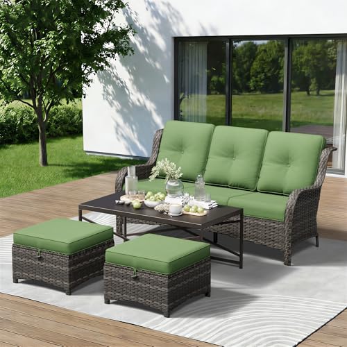 Image of 4-Piece Outdoor Couch Set, Includes Wicker Patio Sofa with Thickened Olefin Cushions, High Back and Deep Seating, Hand-Woven PE Rattan and 2 Ottomans, 1 Coffee Table for Porch, Deck