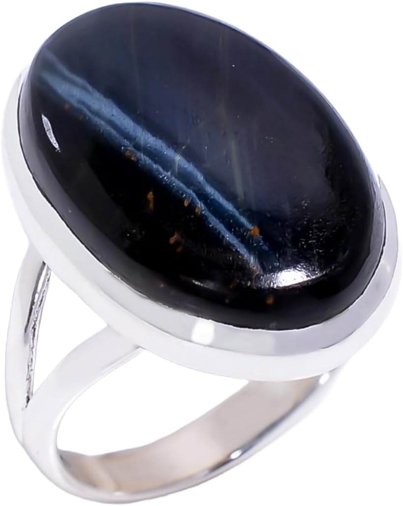 Dark Blue Tiger Eye Gemstone 925 Sterling Silver Handmade Statement Promise Ring Jewelry Gift for Her