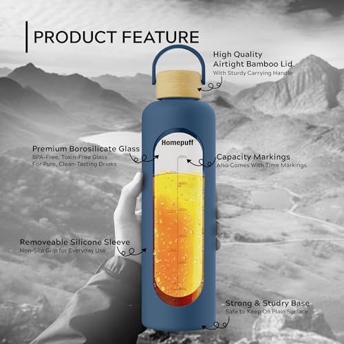 Image of Home Puff Borosilicate Glass Water Bottle With Silicone Cover Sleeve (1000ml) | Airtight, Leak-Proof Bamboo Lid, BPA-Free, Eco-Friendly, Reusable Bottle for Fridge, Gym, Travel, Office, Home (Blue)