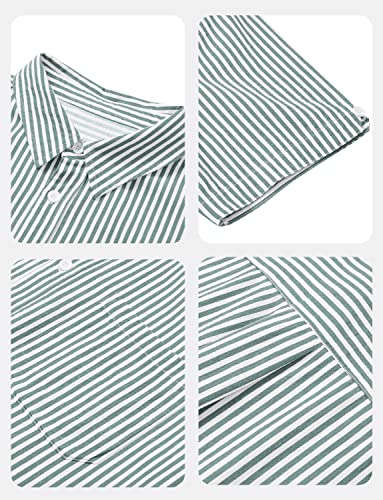 Tureface Men's Green Short Sleeve Shirt Casual Button Down Cotton Linen Striped Shirts Summer Breathable Large #TOP3