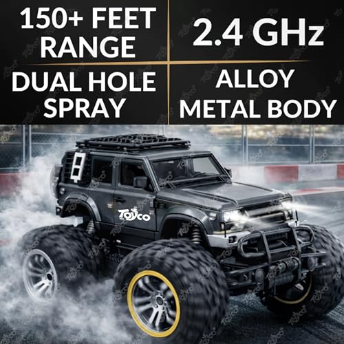 Image of toyco Rechargeable Deffender Remote Control Car Toy with Dual LED Smoke, Rugged Tyres, Alloy Body | 2.4GHz Off-Road RC Crawler SUV Monster Truck Gift for Kids,Boys and Girls Age 4-12+ (Dark Grey)