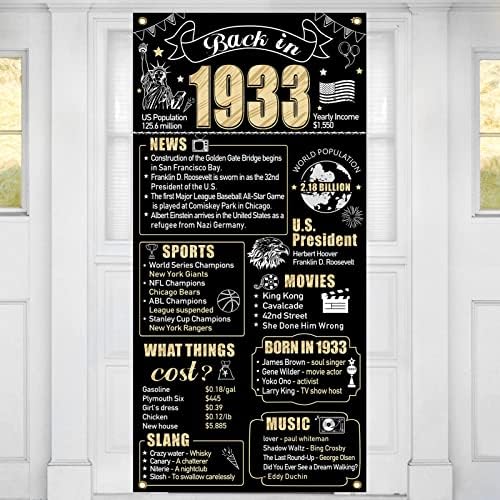 90th Birthday Decorations Back in 1933 Door Banner for Men Women, Black Gold Happy 90 Birthday Door Cover Party Supplies, Ninety Year Old Bday Backdrop Sign Decor for Outdoor Indoor