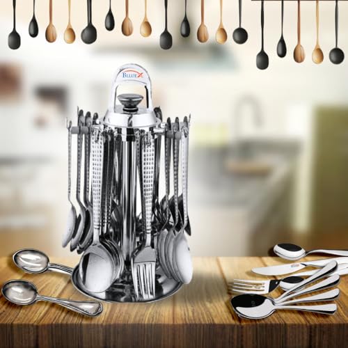 Image of Premium Stainless Steel Cutlery Set - Set of 24 (6 Dinner Spoons, 6 Dinner Forks, 6 Tea Spoons, 6 Soup Spoons, 1 Stand) | Silver Round Spoons Set Cutlery Set for Dining Table
