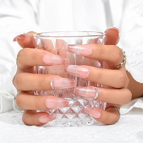 Sethexy French Long Coffin False Nails Pink Gradient Press On Nails Rhinestone Glitter Fake Nails Glossy Sparkle Acrylic Salon Quality Nail Art Removable for Women and Girls (N) - Image 3