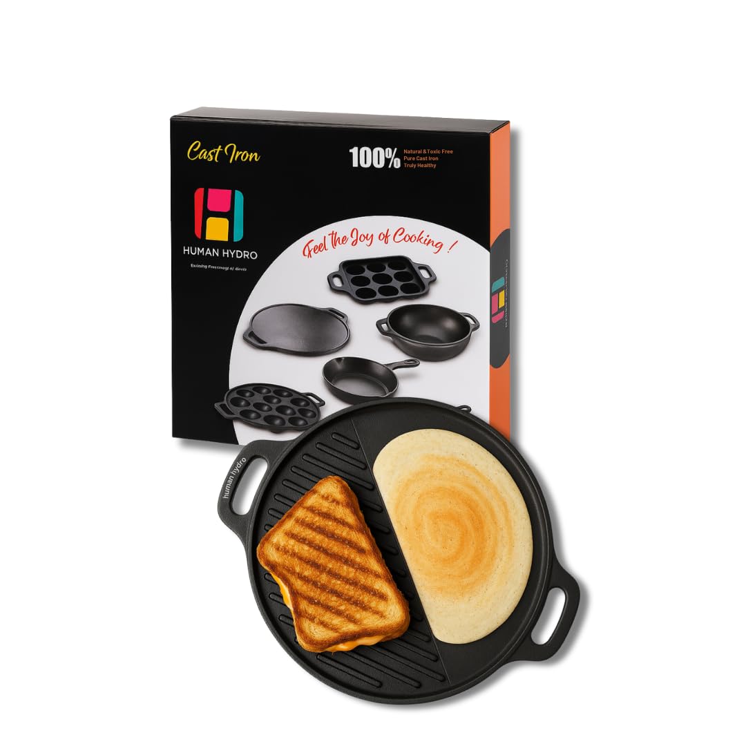 Human Hydro Pre-Seasoned Cast Iron 2-in-1 Dosa Tawa (30CM) | Flat & Grill Reversible Pan | Naturally Non-Stick, Non-Toxic, Gas & Induction Friendly-image-25