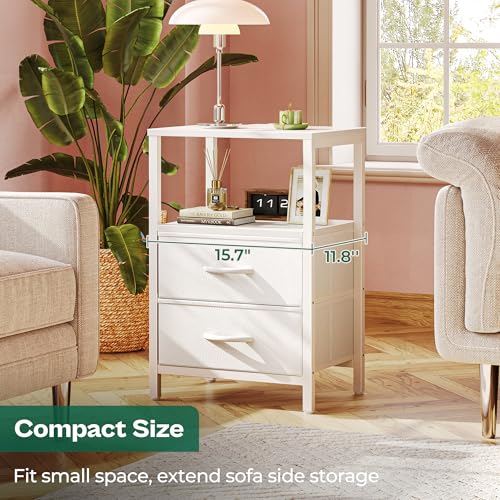 Image of Huuger Nightstand with Charging Station, Side Table with Fabric Drawers | End Table with Open Shelf, Bedside Table with USB Ports and Outlets, Night Stand for Bedroom, Bed Side Table, White