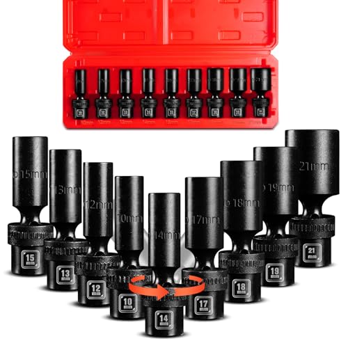BLACKROBOT 3/8' Drive Deep Impact Swivel Socket Set, 9-Piece Flexible Wobble Socket, Metric 10-21mm, 6-Point CR-MO Steel, With Heavy Duty Storage Case