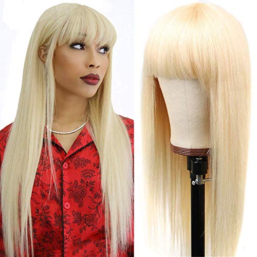 613 Blonde Straight Human Hair Wigs with Bangs Machine Made Wigs Brazilian Virign Straight Wigs 16 Inch Honey Blonde Human Hair Wigs 150% Density