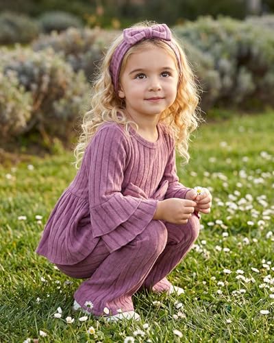Image of SODLON Baby Girl Clothes Toddler Fall Winter Outfits Ruffle Long Sleeve Bow Top Flared Pants Set Bell Bottom Clothing 18M-5T