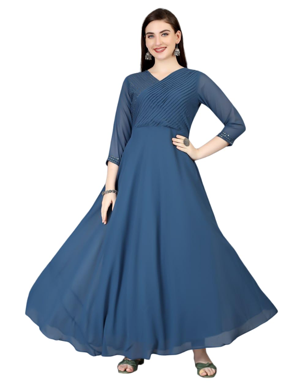 Nityanta FabWomen's Georgette Long Gown (NF_SAHI_PAINTEX_GOWN_Blue)
