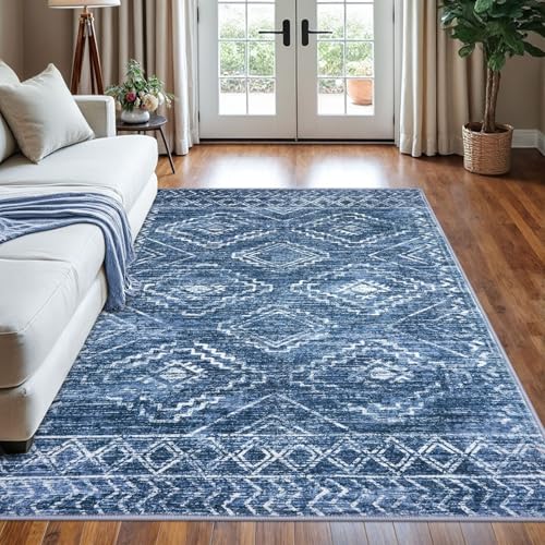 KILOCOCO Living Room Rug 5x7 Area Rug Printed Boho Washable Bedroom Rugs Non Slip Soft Large Moroccan Indoor Rugs for Dining Room Office Farmhouse Geometric Carpet, Stonewashed Blue