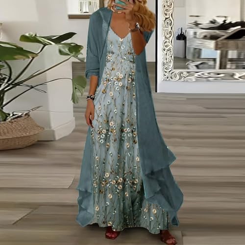 Womens's Casual 2 Piece Set Boho Floral Print Maxi Dress with Cardigan Flowy Chiffon Wedding Guest Dresses for Women2