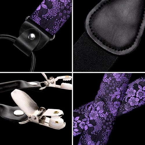 Image of Dubulle Mens Clips Suspenders and Pretied Bowtie Set Y Shape Adjustable Paisley Checks Braces Pocket Square,Black Purple