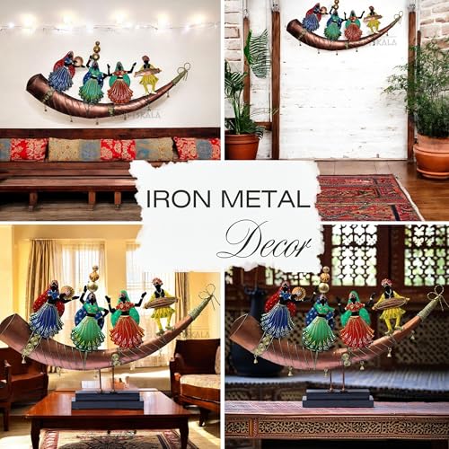 Trumpet Dancers Iron Metal Showpiece, Rajasthani Folk Art Decor, 28x13 Inch Tabletop or Wall Hanging with Removable Base, Perfect for Living Room, Restaurant & Gift — photo — 3 of 9