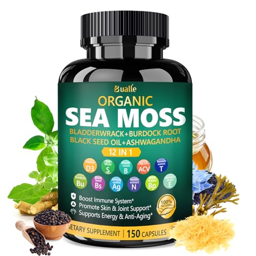 Bualle Organic Sea Moss Capsules with Sea Moss, Black Seed Oil, Ashwagandha, Bladderwrack, Ginger, Burdock Root for Supports Daily Wellness, Skin, Maintain Energy-150 Capsules (1 Pack)