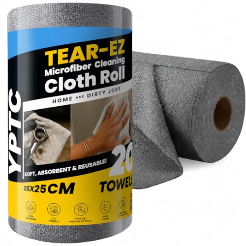 Image of Tear-EZ Microfiber Cleaning Cloth Roll, Grey, 25x25 cm, Reusable Tear-Away Towels, 20 Pack