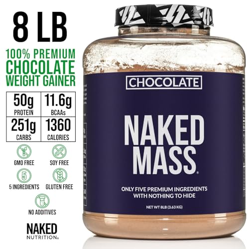 naked chocolate mass gainer - all natural weight gainer protein powder - 8lb bulk gmo free gluten free amp soy free no artificial ingredients - 1360 calories
