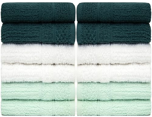 Image of PH Pleasant Home Ribbed Wash Cloths Set - 12 Pack (12 inch x 12 inch) - 509 GSM - 100% Ring Spun Cotton Wash Cloth - Super Soft and Highly Absorbent Face Towels (Green, White, Mint)