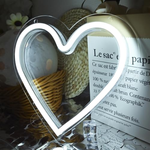 Image of SYLHOME Heart Led Neon Light Sign Battery Operated or USB Powered Bedroom Wedding Wall Sign Decor Valentines Day Birthday Christmas Gifts USB 7.87 inch X 7.28 inch Cold White