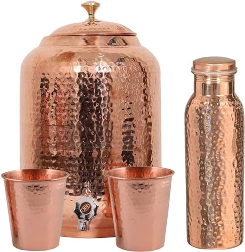 Pure Copper Drinkware Water Dispenser 8L Hammered Finish Ayurvedic Health Healing 8L Capacity Water Container with 2 Matching Glasses and 1 Copper Bottle