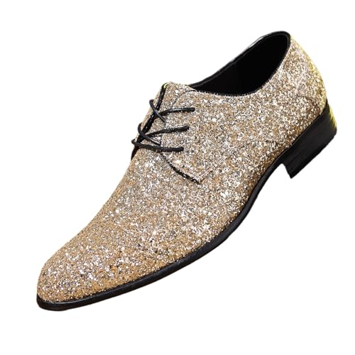 Men's Sequined Pointed Toe Oxford Shoes Fashion Glitter Sparkly Lace Up Low Block Heel Tuxedo Dress Shoes for Party Prom Wedding