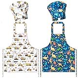 GROBRO7 4Pcs Kids Apron and Chef Hat Set Gift for Girls Boys, Dinosaurs Construction Vehicles Adjustable Kitchen Cooking Child Aprons with 2 Pockets Waterproof Smocks for Baking Painting Crafting