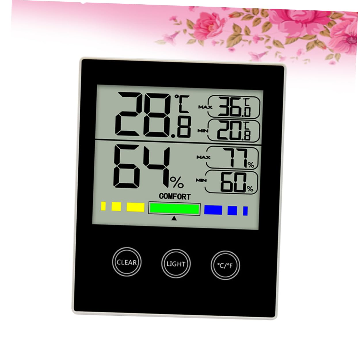 Touchscreen Digitales Innenraum Hygrometer mit Beleuchtung, Schwarz | Zimmerthermometer Digital Innen, Uhr für Innenbereich, Geeignet für Zuhause und Büro