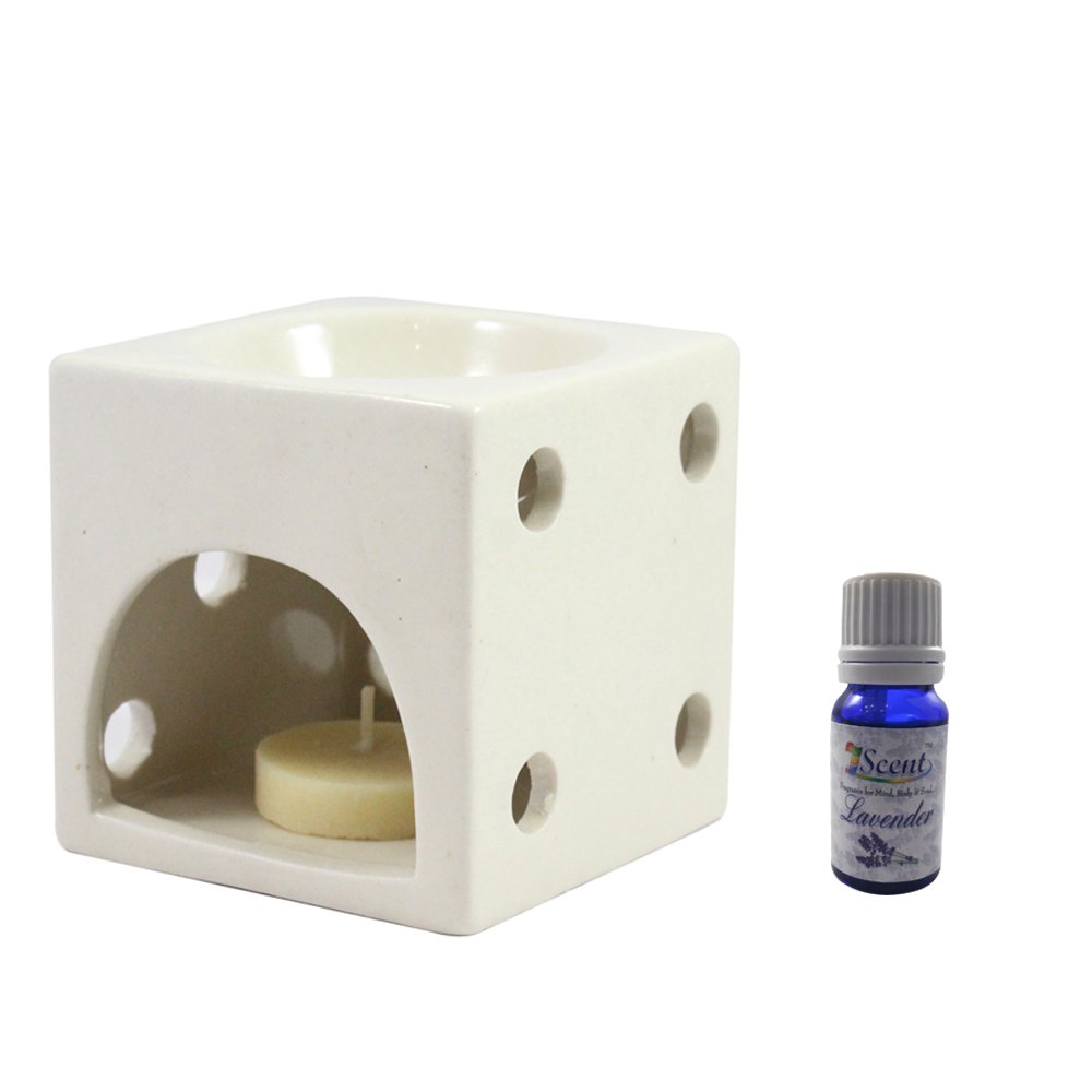 India Meets India Handicraft Ceramic Tea Light Holder and 10 ml Lavender Oil Bottle Aromatherapy Essential Oil Burner Aromatherapy Diffusers, Best Gifting, Made by Awarded Indian Artisan