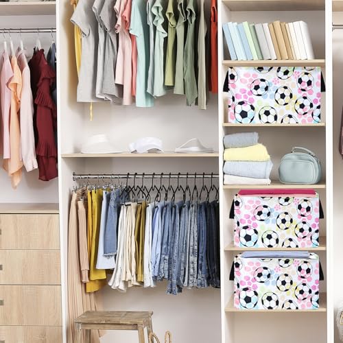 Image of Football Socer Pattern Storage Basket Gift Laundry Bins Collapsible Storage Baskets Box Laundry Nursery Hamper for Home and Office Decoration with Handles