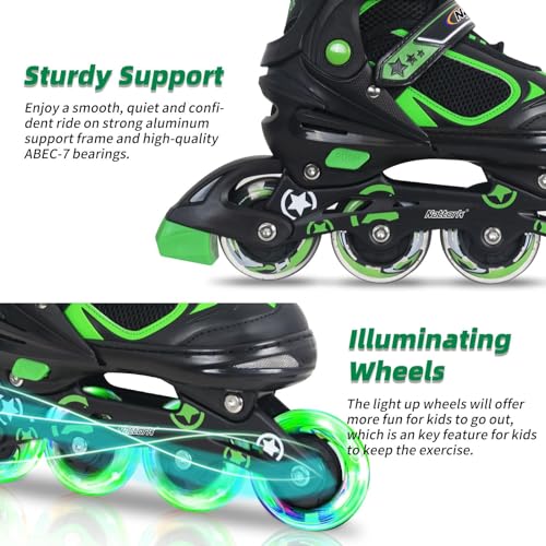 Image of Nattork Blade Roller for Boys Adjustable Inline Skates with Light Up Wheel for Kids Youth Childrens Outdoor & Indoor Ages 6-12 6 7 8 9 Beginners Green