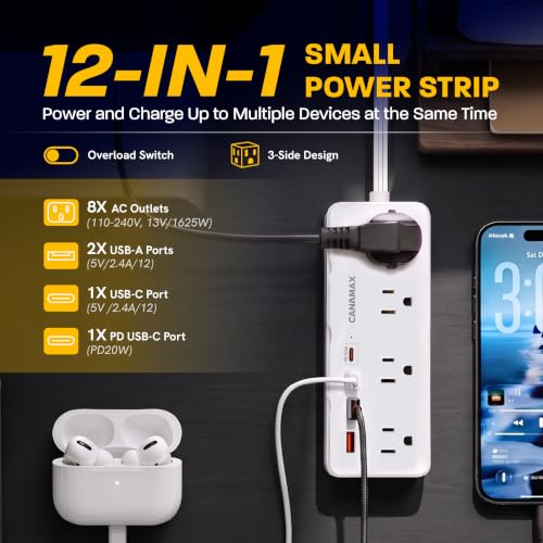 Image of 6 Ft Extension Cord Surge Protector Power Strip, Fast Charge 20W USB C, Flat Plug with 8 AC Outlets & 4 USB (2 USB C, 1 PD 20W), 1050J Surge Protector, 1875W /13A, Wall Mountable for Home Office Dorm