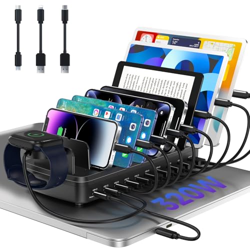 Image of 320W Charging Station for Multiple Devices, 10 Ports Fast Multi-Device Charger Organizer Compatible with MacBook Pro Laptop, iPhone, Android, Ipad, Tablet, Kindle, Multi-Device Charging Dock（Black）