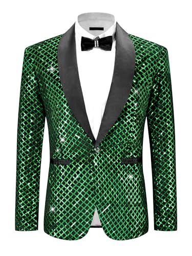 Lars Amadeus Sequin Blazer for Men's Shiny Metallic Tuxedo Shawl Lapel Disco Party Argyle Plaid Suit Jackets Sports Coat