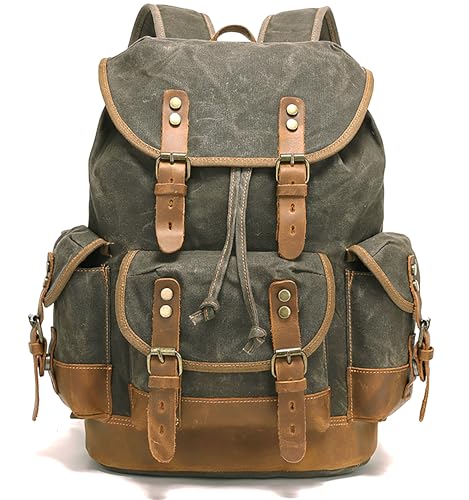 HuaChen Mochila de lona versátil con funda para portátil para trabajo, escuela y viajes, duradera y elegante, Verde militar con marrón, M, Mochilas