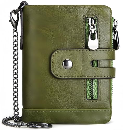 Ti-Y Chain Wallets for Men Genuine Leather RFID Blocking Bifold biker Wallet with Double Zipper Coin Pocket and Anti-Theft Chain (Green)