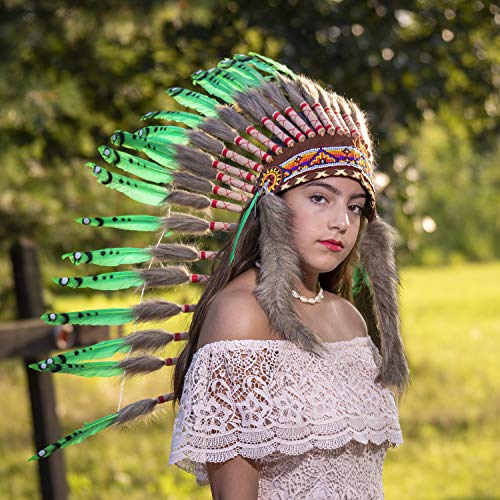 Pink Pineapple Handcrafted Native American Inspired Feather Headdress - Medium Length - Lime Green with Black Spots - Image 3