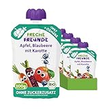 FRECHE FREUNDE Bio Quetschie Apfel, Blaubeere mit Karotte, Fruchtmus mit Gemüse im Quetschbeutel für Babys ab dem 6. Monat, vegan, 6er Pack (6 x 100g)