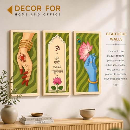 Image of Radha Krishna Framed Wall Art Painting for Living Room, Set of 3 Om Namo Bhagavate Vasudevaya Mantra Poster, vishnu & laxmi Painting for Living Room, Home Decor (Size-24x48 cm)