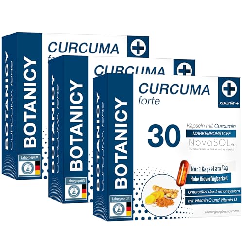 BOTANICY Curcuma forte 3er Pack - Flüssiges NovaSOL Curcumin plus Vitamine C und D - Hohe Bioverfügbarkeit, Hochdosiert, Hormonfrei - 90 Kurkuma Kapseln