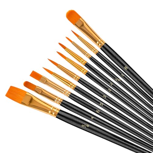 Soucolor Acrylic Paint Brushes Set, 10-Pack Round Pointed Tip Artist Paintbrushes for Acrylic Painting Oil Watercolor Canvas Boards Rock Body Face Nail Art,Black