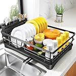 SNTD Dish Drying Rack for Kitchen Counter - Large Dish Rack with Drainboard, Rustproof Dish Drainer with Utensil Holder for Sink, Black