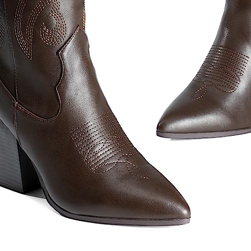 Image of DREAM PAIRS Cowboy Boots For Women, Comfortable Pull On Zipper Chunky Heel Pointed Toe Embroidered Western Cowgirl Knee High Boots