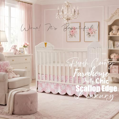 Image of Brandream Scallop Edge Organic Cotton Crib Skirt, Baby Girl Crib Skirt Toddler Bedskirt Farmhouse Chic Cottagecore Nursery Bed Skirt Fit Standard Cribs and Toddler Beds, 52 inchL x 28 inchW with 16-inch Drop