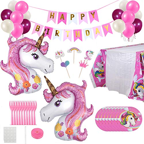 Decoración de Fiesta de Cumpleaños, Infantil Globos Unicornio Helio Gigante & Banner de Feliz Cumpleaños con Látex Globos y Pompones Adornos Partido Fuentes de Diversos Colores para Niño Niña