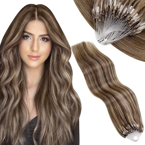 Vivien Extensions Micro Loop Real Human Hair 18 Inch Brown Highlight Hatural Hair Extensions Micro Beads Light Brown mix Platinum Blonde Invisible 50g 50s #8P60