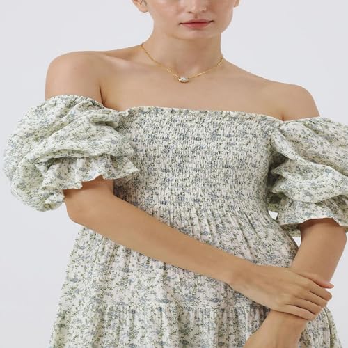 Image of NOTHING FITS BUT Kiko Maternity Gown, Puffed Short Sleeve Maternity Dress for Women, Off Shoulder Pregnancy Dresses, Cotton Baby Shower Dress (Blue Poppy, Large)