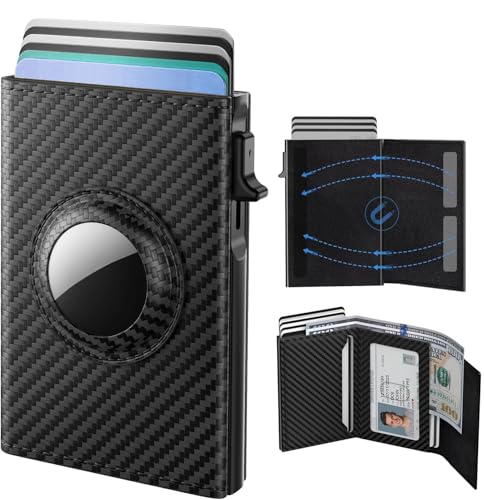 Image of Mens Pop Up Wallet for AirTag: Premium Genuine Leather, RFID Blocking, Smart, Minimalist, 9-14 Card Capacity, ID Window, Cash Slot (Carbon Fiber)
