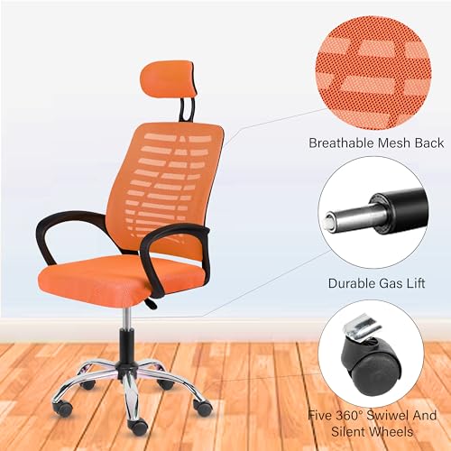 Image of Casa Copenhagen,Mesh Office Desk,Rocking, Ergonomic Computer Chair Adjustable High with Headrest and Comfortable Armrest Swivel Chair -Orange & Jet Black Handle