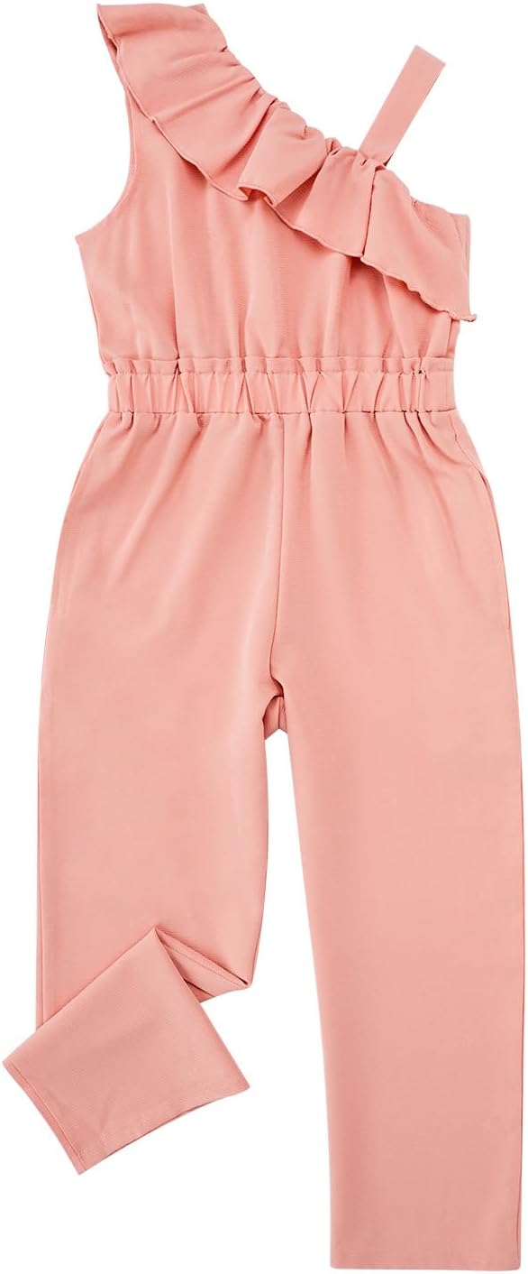 JiAmy Girls Jumpsuit Ruffle Sleeveless Elastic Waist Casual Long Rompers with Pockets for Kids 5-12 Years